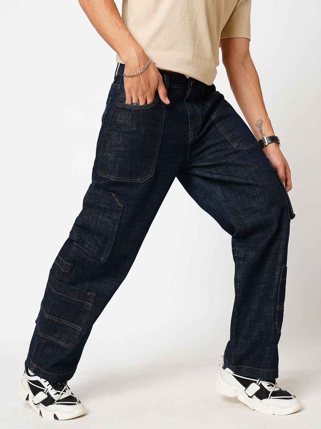 Raw Deep Indigo Cargo Mens Mens Straight Fit Jeans
