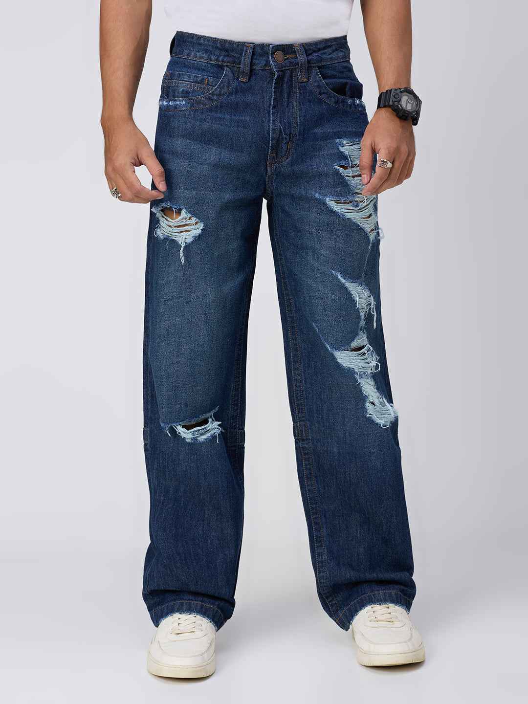 Deep Blue Distressed Men's Straight Fit Jeans