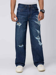 Deep Blue Distressed Men's Straight Fit Jeans