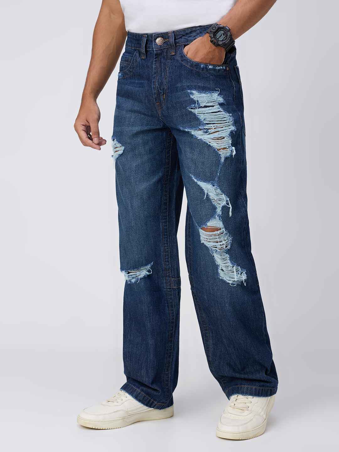 Deep Blue Distressed Men's Straight Fit Jeans
