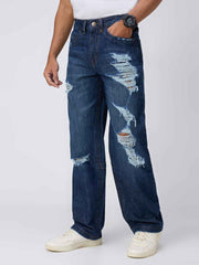 Deep Blue Distressed Men's Straight Fit Jeans