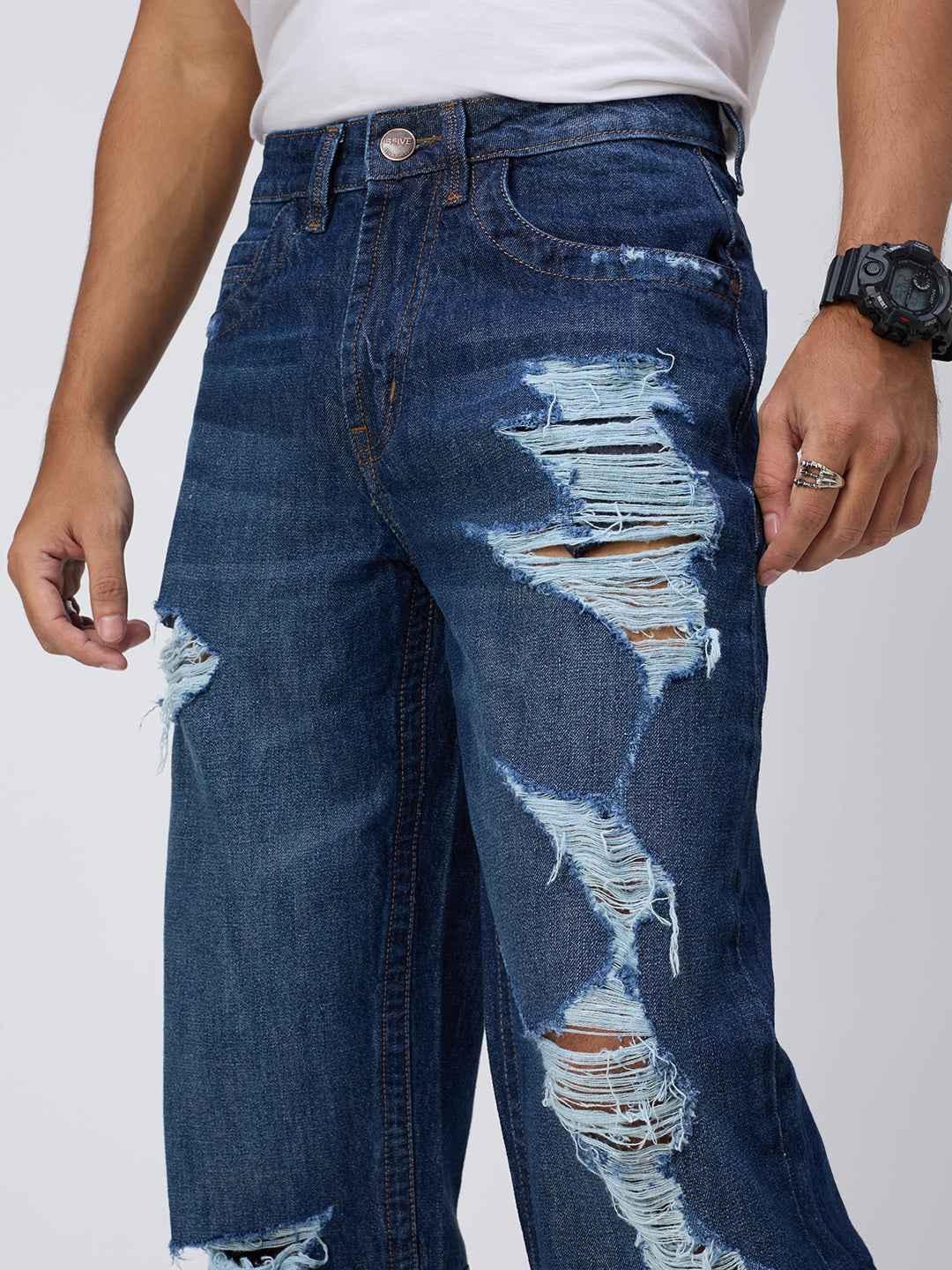Deep Blue Distressed Men's Straight Fit Jeans