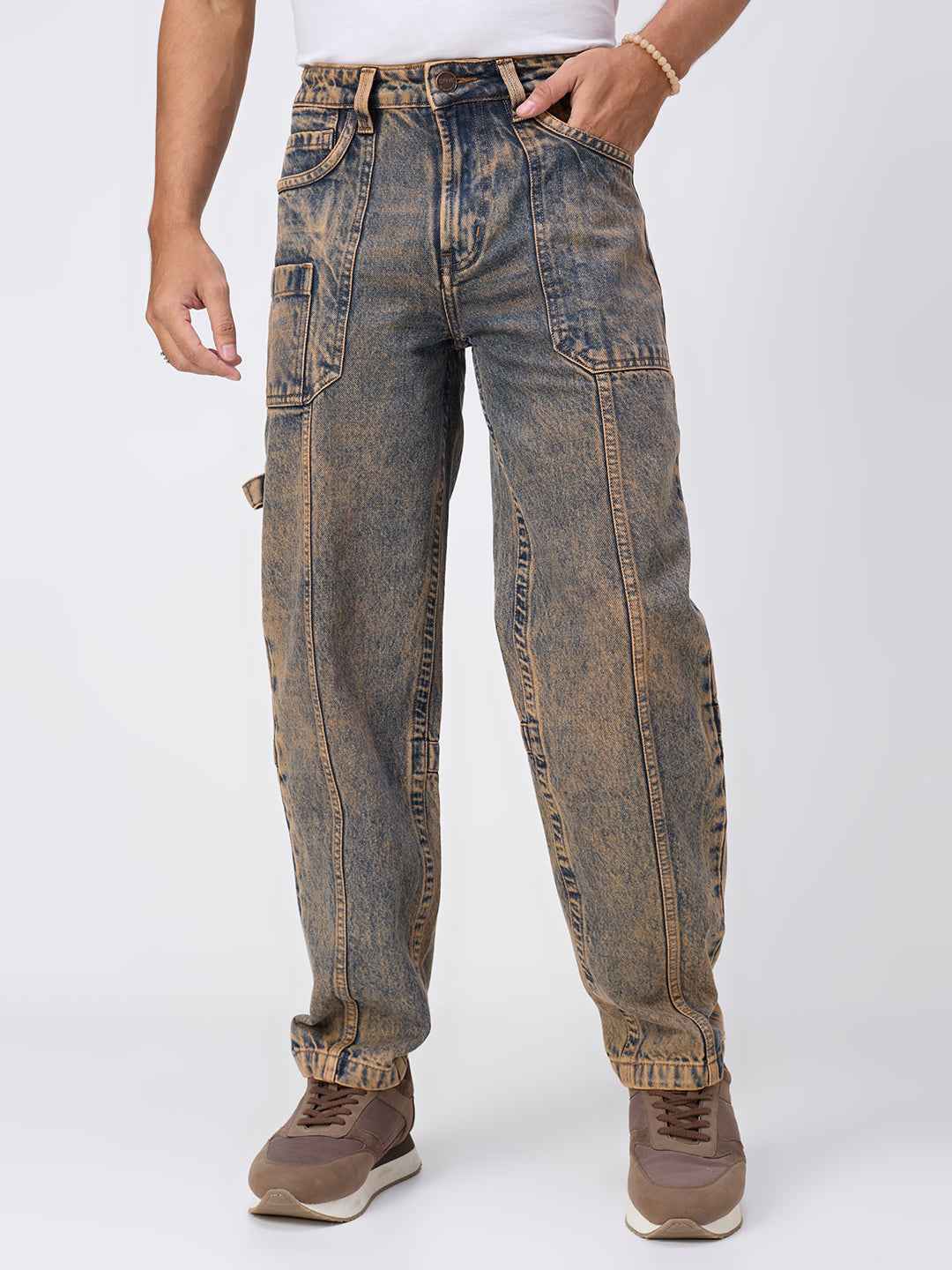 Rusted Earth-Tone Washed Utility Jeans