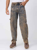 Rusted Earth-Tone Washed Utility Jeans