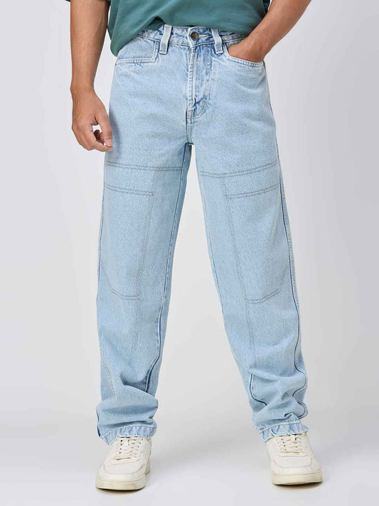 Ice Blue Stitched Detail Relaxed Fit Denim