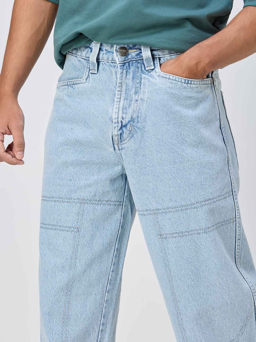 Ice Blue Stitched Detail Relaxed Fit Denim