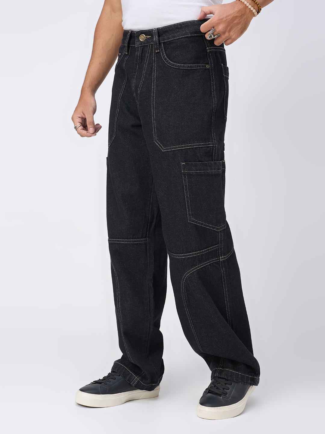 Dark Indigo Contrast Stitch Cargo Jeans