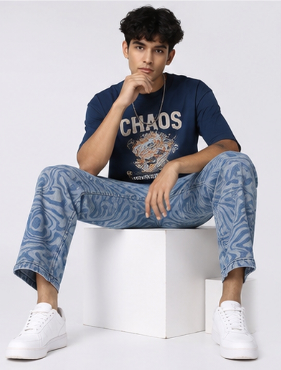 PSY-SWIRL Mid Blue Mens Straight Fit Jeans