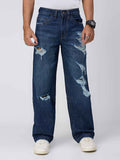 Deep Blue Distressed Men's Straight Fit Jeans