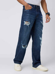Deep Blue Distressed Men's Straight Fit Jeans