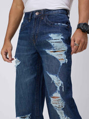 Deep Blue Distressed Men's Straight Fit Jeans