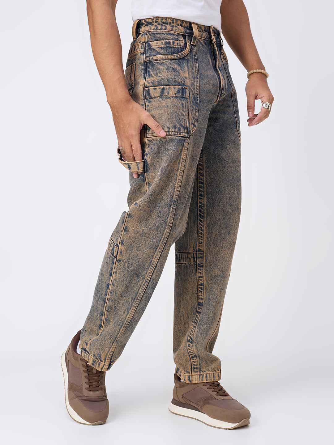 Rusted Earth-Tone Washed Utility Jeans