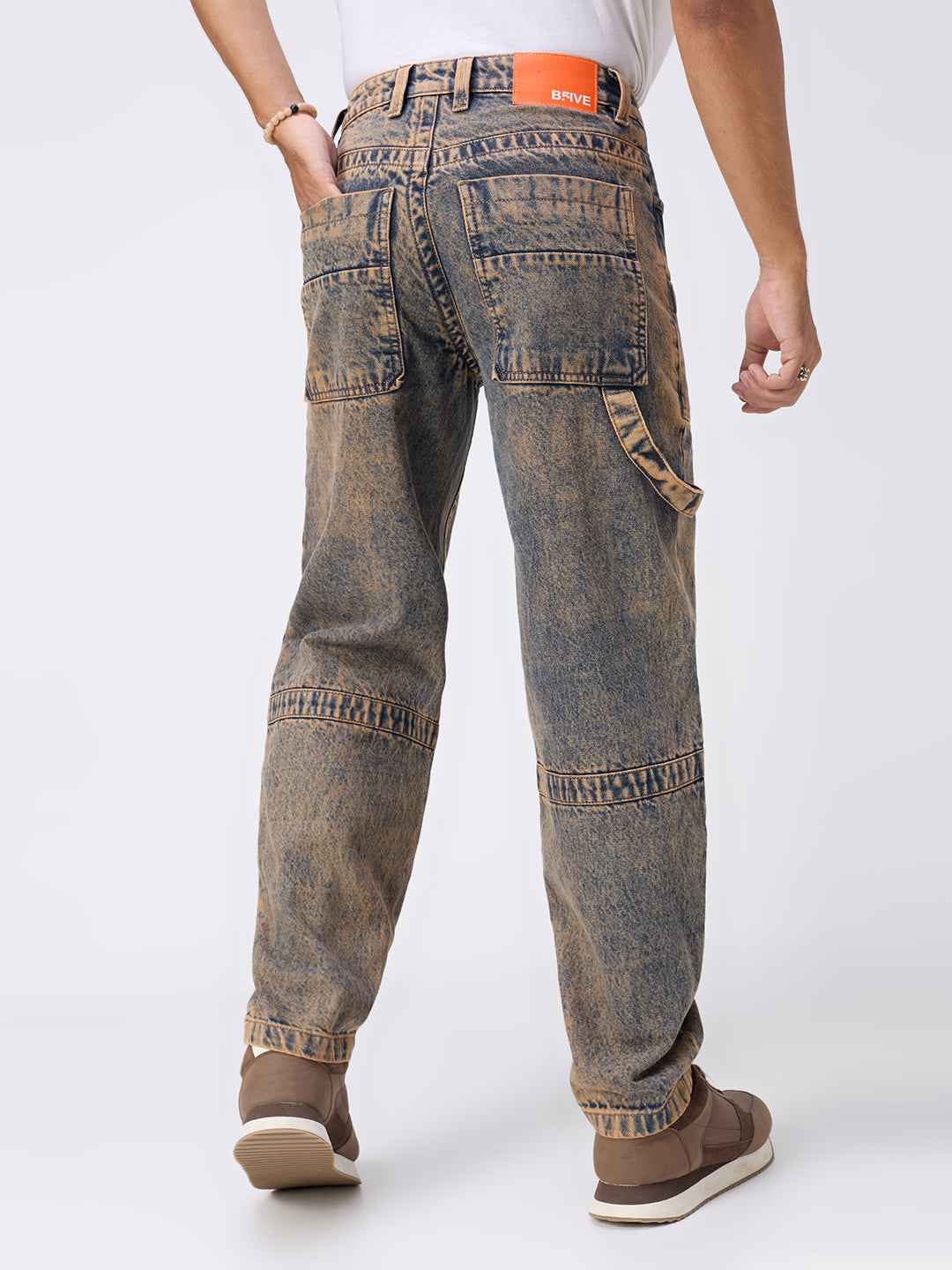 Rusted Earth-Tone Washed Utility Jeans