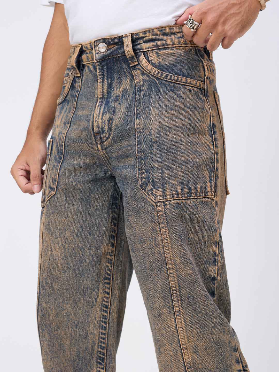 Rusted Earth-Tone Washed Utility Jeans