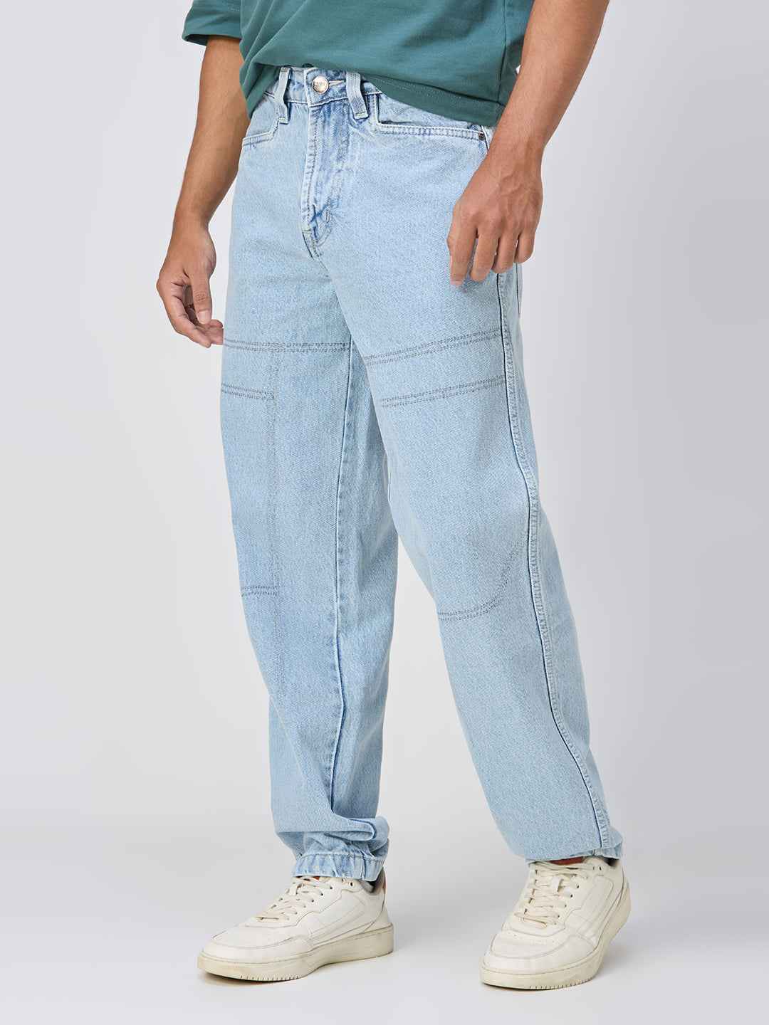 Ice Blue Stitched Detail Relaxed Fit Denim