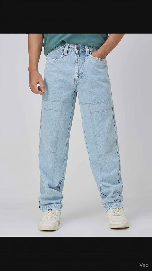 Ice Blue Contrast Stitch Men's Baggy Fit Jeans